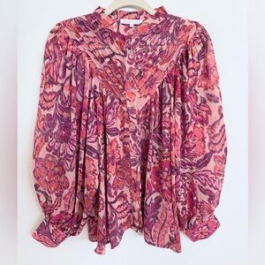 Olivaceous Flowy Bohemian Floral Blouse in Fuchsia Pink, Size Medium